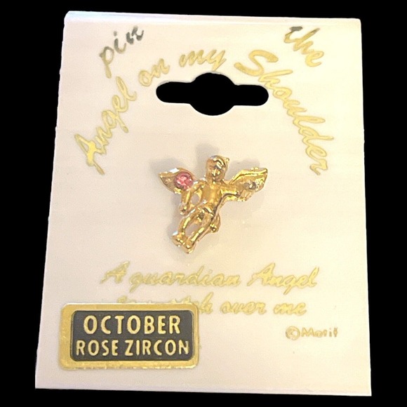 Pin Guardian Angel “Angel on my Shoulder” PIN Gold Tone October Rose Zircon - Picture 1 of 2